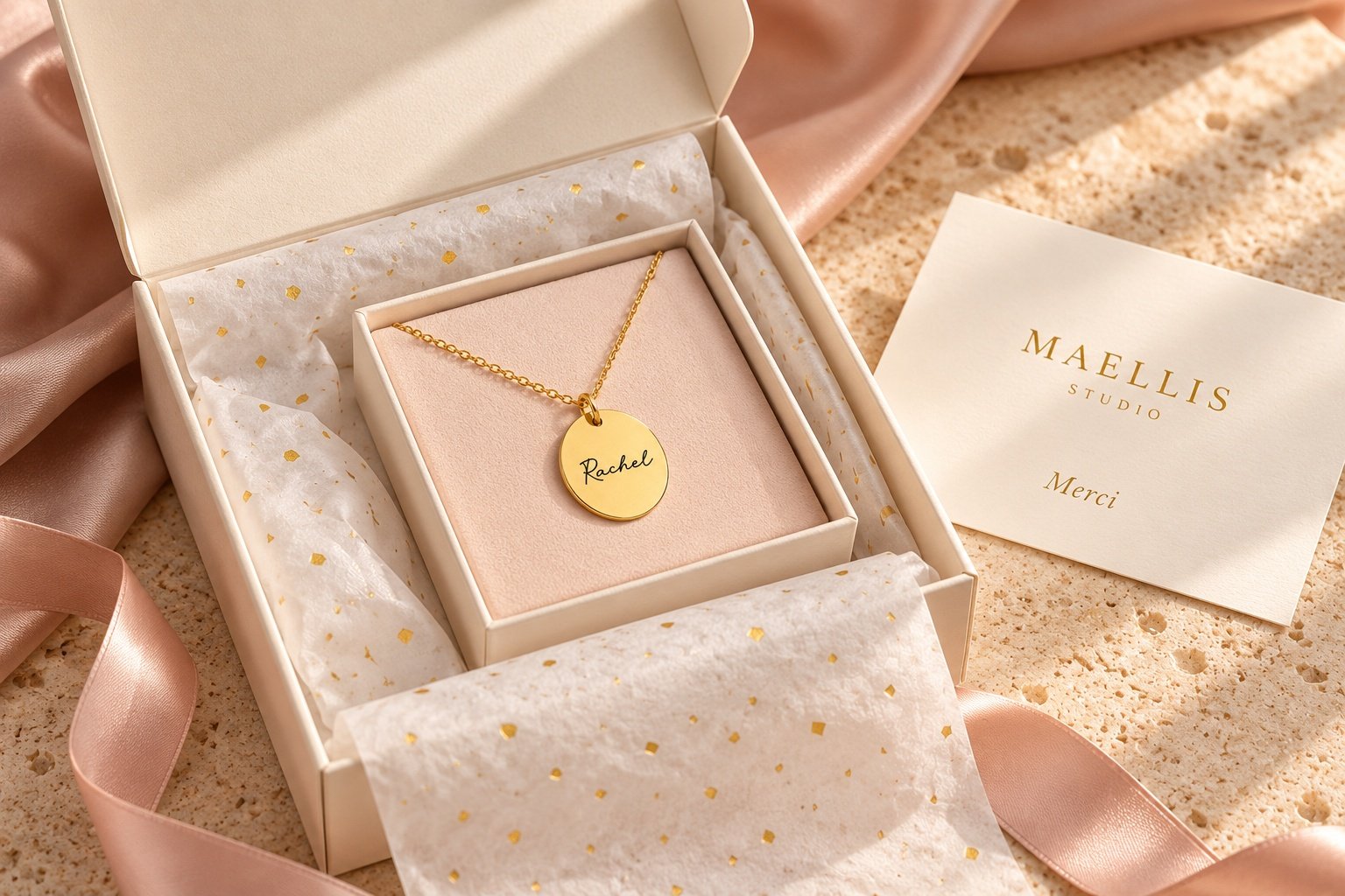 MAELLIS Studio gift presentation concept with a personalized necklace