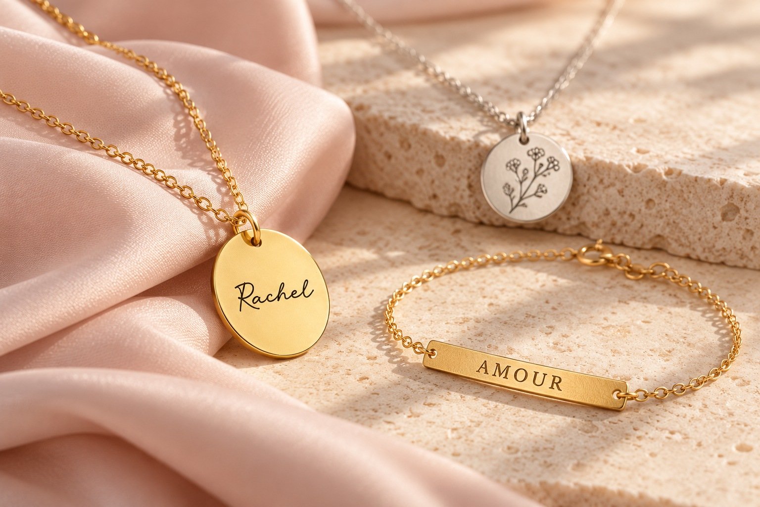 Personalized jewelry styled on blush silk and ivory stone, illustrative campaign